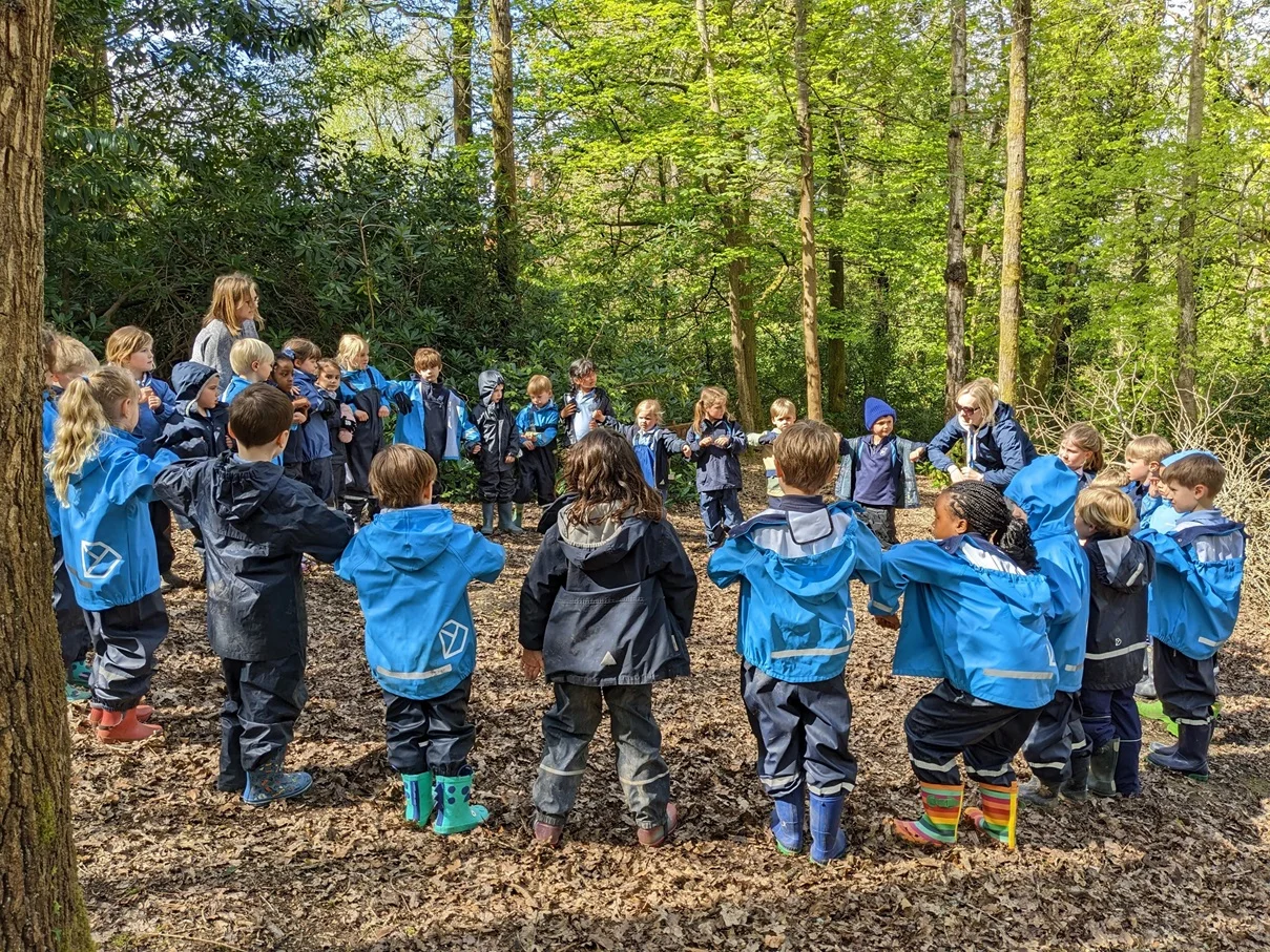 pre school students playing in the wood