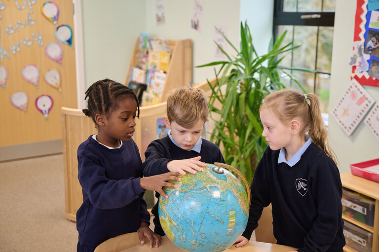 students playing with the globe